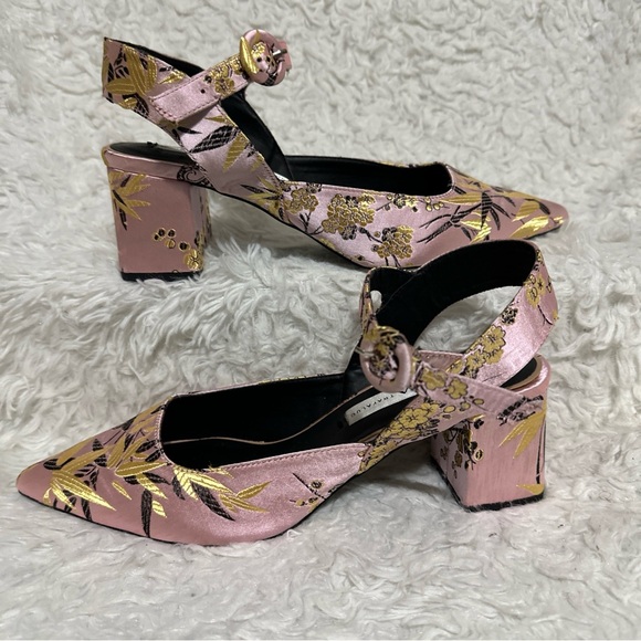 💥SOLD $38💥 Zara Pink Asian Print Floral Kitten Block Heels Pointy-Toe Pumps 40 - Picture 3 of 14